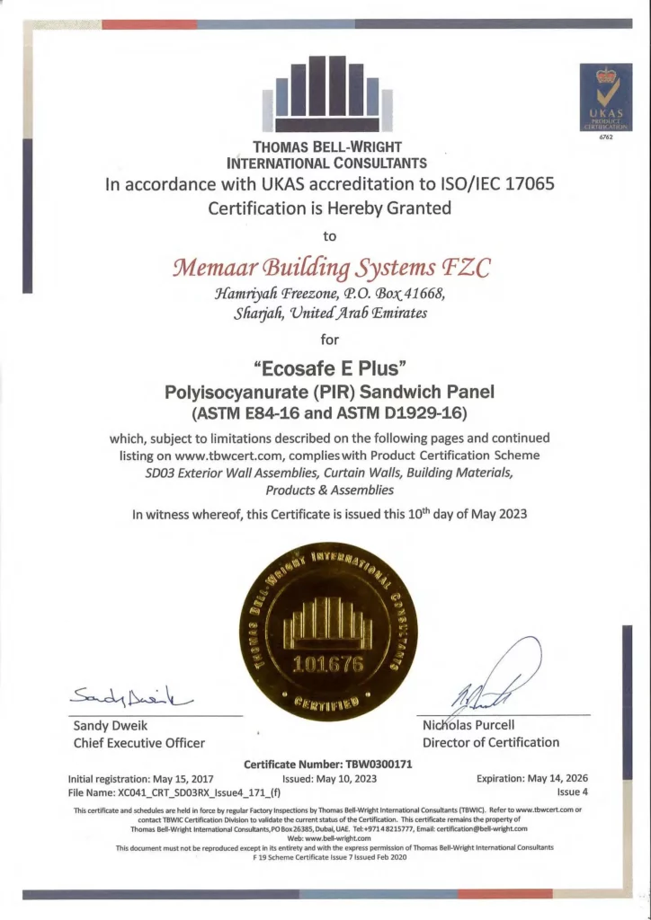 ECOSAFE E PLUS Polylsocyanurate (PIR) Sandwich Panel Certificate